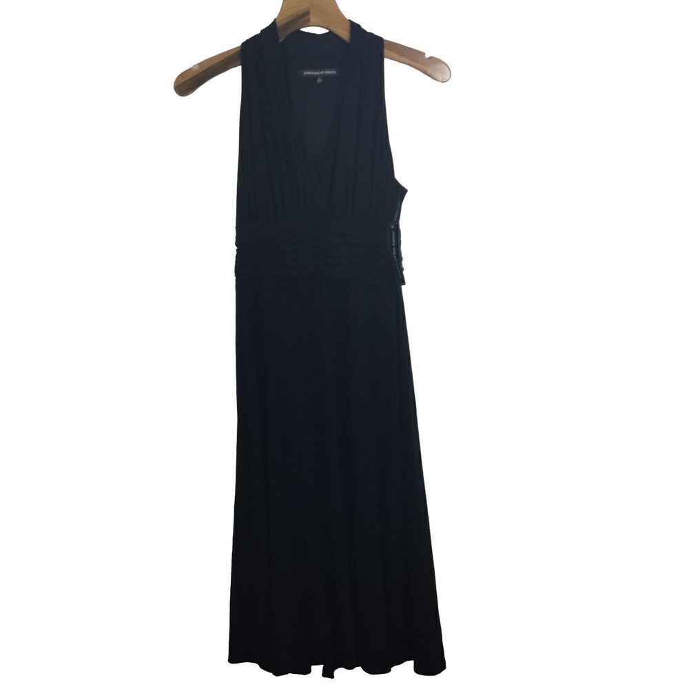 Jones Wear Dress V-Neck Sleeveless Ruched Pleated Jersey Knit Maxi Dress Black 6